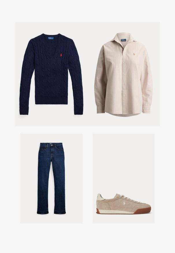 Pull bleu marine tricoté en maille torsadée, col en V, manches longues, avec un petit logo Polo rouge brodé sur le côté gauche de la poitrine.; Chemise à manches longues à boutons avec des rayures verticales roses et vertes et un petit logo brodé sur la poitrine gauche.; Jean droit en denim bleu foncé avec bouton et fermeture éclair à l'avant, design à cinq poches et coutures visibles.; Baskets basses en daim beige avec des lacets blancs, un logo blanc sur le côté et une semelle en caoutchouc marron.