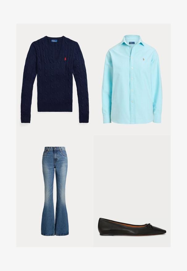Navyblå kabelstrikket V-hals sweater med lange ærmer og et lille rødt broderet Polo-logo på venstre bryst.; Lyseblå skjorte med lange ærmer, knapper og krave, med en lille broderet logo på venstre bryst.; Højtaljede blå jeans i denim med klokkeformede ben og let falmet område foran på låret, vist mod hvid baggrund.; Sorte læderballetflade med spids tå, slank silhuet og en lille sløjfedetalje på forsiden. Glat tekstur og minimalistisk design.