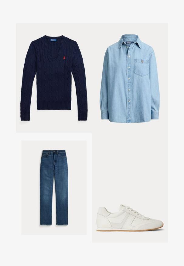 Marineblauer, kabelgestrickter V-Ausschnitt-Pullover mit langen Ärmeln und kleinem roten Polo-Sticklogo auf der linken Brust.; Hellblaues langärmliges Jeanshemd mit Knopfleiste vorne und Brusttasche mit kleinem gesticktem Logo auf der Tasche.; Straight-leg blaue Denim-Jeans mit fünf Taschen, Knopfverschluss und subtilen Verwaschungen an Oberschenkeln und Knien, flach auf weißem Hintergrund gelegt.; Weißer Sneaker mit niedrigem Schaft, Schnürung vorne, Velours- und Lederpaneelen sowie einer hellbraunen Gummisohle auf weißem Hintergrund.