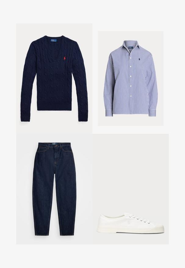 Marineblauer, kabelgestrickter V-Ausschnitt-Pullover mit langen Ärmeln und kleinem roten Polo-Sticklogo auf der linken Brust.; Blau-weiß gestreiftes Langarmhemd mit Knopfleiste, Kragen und kleinem gesticktem Logo auf der linken Brust.; Dunkelblaue Denim-Jeans mit geradem Bein, ausgestattet mit orangen Nähten, einem vorderen Knopfverschluss und fünf Taschen.; Weiße Leinensneaker mit runder Zehenpartie, Schnürverschluss und dezentem Logodetail. Verfügt über ein strukturiertes Gewebe und eine Gummisohle.
