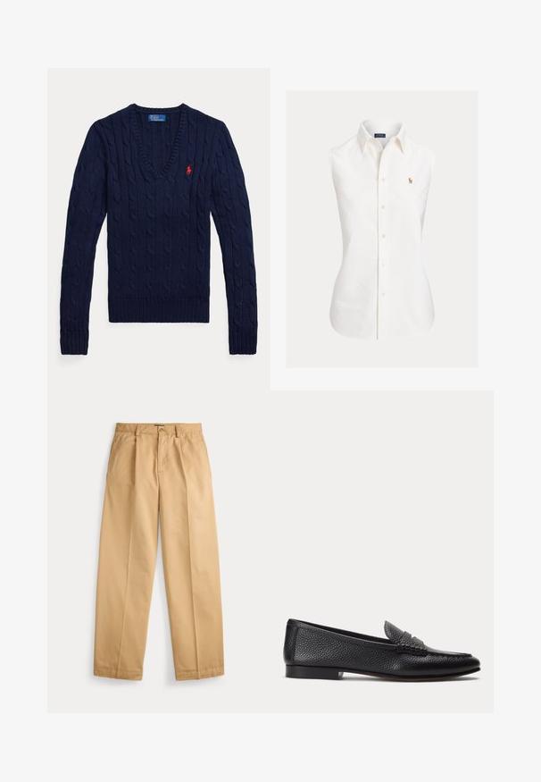 Navyblå kabelstrikket V-hals sweater med lange ærmer og et lille rødt broderet Polo-logo på venstre bryst.; Hvid ærmeløs skjorte lavet af bomuld med spidst krave, knapper foran og en lille broderet logo på venstre side.; Beige bukser med lige ben, lukning med knap og lynlås, forlommer, bæltestropper og pressede folder ned langs benene.; Sort tekstureret læderloafer med lav hæl og klassisk penny-stropdetalje, vist i profil mod en ensfarvet lys baggrund.
