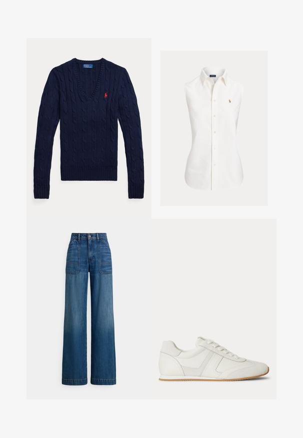 Pull bleu marine tricoté en maille torsadée, col en V, manches longues, avec un petit logo Polo rouge brodé sur le côté gauche de la poitrine.; Chemise blanche sans manches en coton, avec un col pointu, une fermeture à boutons sur le devant et un petit logo brodé sur le côté gauche.; Jean taille haute à jambes larges en denim bleu moyen. Comprend des poches plaquées à l'avant et des coutures apparentes. Texture lisse et douce.; Baskets basses blanches avec laçage à l'avant, panneaux en daim et cuir, et une semelle en caoutchouc marron clair sur fond blanc.