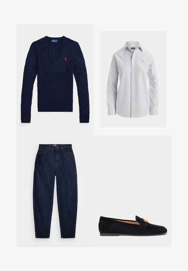 Marineblauer, kabelgestrickter V-Ausschnitt-Pullover mit langen Ärmeln und kleinem roten Polo-Sticklogo auf der linken Brust.; Weißes Hemd mit dünnen vertikalen blauen Streifen, langen Ärmeln, spitzem Kragen und kleinem besticktem Logo auf der Brust.; Dunkelblaue Denim-Jeans mit geradem Bein, ausgestattet mit orangen Nähten, einem vorderen Knopfverschluss und fünf Taschen.; Schwarzer Wildleder-Flachslipper mit niedrigem Absatz und goldener dekorativer Schnalle am Obermaterial, Seitenansicht auf hellem einfarbigem Hintergrund.