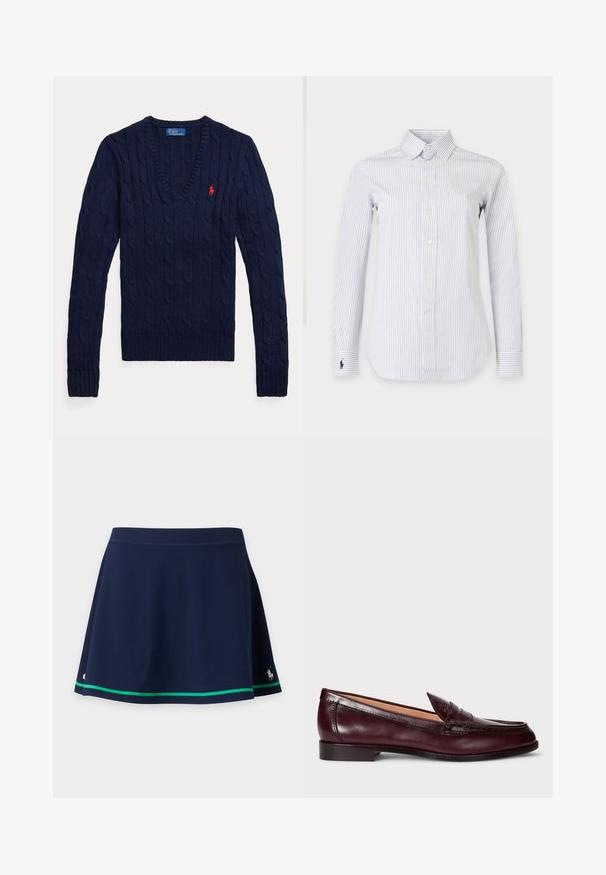 Marineblauer, kabelgestrickter V-Ausschnitt-Pullover mit langen Ärmeln und kleinem roten Polo-Sticklogo auf der linken Brust.; Weißes Langarm-Hemd mit dünnen vertikalen marineblauen Streifen, spitzem Kragen und gesticktem marineblauen Polospieler-Logo am linken Ärmel.; Marineblauer Sportrock mit grünem Streifen nahe Saum und kleinem weißen Logo auf der unteren rechten Seite vor einem schlichten hellen Hintergrund.; Burgunderfarbene Lederloafers mit glatter Oberfläche, rundem Zehenbereich, dekorativer Naht und niedrigem Absatz. Das Innere ist mit einem weichen beigen Futter ausgestattet.