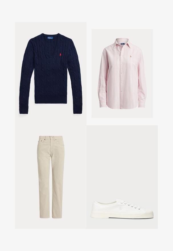 Pull bleu marine tricoté en maille torsadée, col en V, manches longues, avec un petit logo Polo rouge brodé sur le côté gauche de la poitrine.; Chemise à manches longues avec boutons, de couleur rose clair avec des rayures blanches et bleues, présentant un petit logo brodé sur la poitrine, fabriquée en tissu de coton.; Pantalon en velours côtelé beige droit avec passants de ceinture, bouton à l'avant, fermeture éclair et poches avant.; Sneaker en toile blanche avec un bout rond, fermeture lacée et un détail de logo discret. Caractéristiques d'un tissu texturé et d'une semelle en caoutchouc.