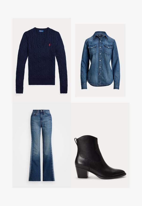 Navyblå kabelstrikket V-hals sweater med lange ærmer og et lille rødt broderet Polo-logo på venstre bryst.; Langærmet blå denimskjorte med perleknapper, to brystlommer med klap og spids krave fra Polo Ralph Lauren.; Polo Ralph Lauren FLARE JEAN - Flared jeans - boyne wash; Sort læder ankelstøvle med lav blokhæle, rundet tå og trækstrop bagpå mod en ens hvid baggrund.