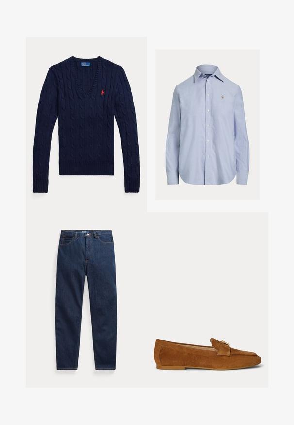 Jersey azul marino de punto con trenzas y cuello en V, de manga larga y con un pequeño logo Polo rojo bordado en el pecho izquierdo.; Camisa azul clara de manga larga con botones, cuello puntiagudo y pequeño logo bordado en el pecho izquierdo.; Vaqueros de mezclilla azul oscuro con cinco bolsillos, cierre de botón y corte recto, colocados planos sobre un fondo blanco.; Mocasín plano de ante marrón con detalle de hebilla metálica dorada en la parte superior y suela de tacón bajo.