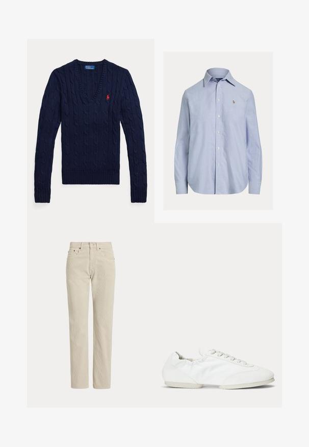 Marineblauer, kabelgestrickter V-Ausschnitt-Pullover mit langen Ärmeln und kleinem roten Polo-Sticklogo auf der linken Brust.; Hellblaues, langärmliges Hemd mit Knopfleiste, spitzem Kragen und kleinem gesticktem Logo auf der linken Brust.; Beige Cordhose mit geradem Bein, Gürtelschlaufen, Vorderknopf, Reißverschluss und Fronttaschen.; Niedrig geschnittener weißer Sneaker mit Schnürsenkeln, glatter Stoff-Seitenpartie und einer weichen, flexiblen Sohle.