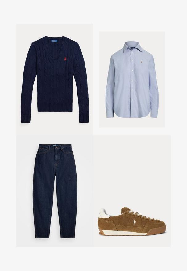 Pull bleu marine tricoté en maille torsadée, col en V, manches longues, avec un petit logo Polo rouge brodé sur le côté gauche de la poitrine.; Chemise bleu clair à manches longues avec boutons, col pointu et petit logo brodé sur la poitrine gauche.; Jeans en denim bleu marine avec une coupe droite, dotés de surpiqûres orange, d'une fermeture à bouton à l'avant et de cinq poches.; Baskets basses en suède marron avec lacets blancs, accent blanc au talon, semelle en caoutchouc et logo Polo brodé sur le côté.