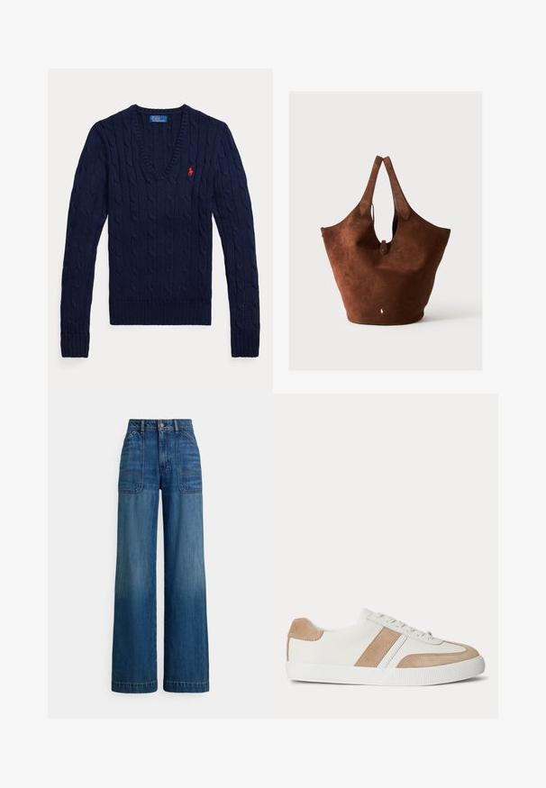 Navyblå kabelstrikket V-hals sweater med lange ærmer og et lille rødt broderet Polo-logo på venstre bryst.; Højttaljede vidde ben jeans i mellemblå denim. Har lomme lapper foran og fremtrædende syninger. Glat, blød tekstur.; Hvid lavtop sneaker med beige ruskind detaljer på hæl, sidestribe og tå, med hvide snørebånd og tekstureret gummisål.; Stor brun ruskindstaske med to håndtag, en lille rem med knaplukning og en hvid broderet logo tæt på nederste midte.