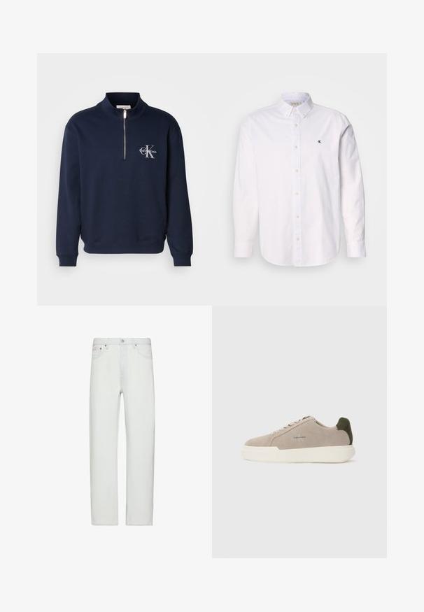 Marineblå, hætte-zip-sweatshirt lavet af blødt stof, der har en høj krave, ribbede cuffe og et logo på brystet i kontrastfarver.; Hvid skjorte med knappelukning lavet af bomuld, med klassisk krave, lange ærmer og et lille CK-logo på venstre bryst. Glat tekstur.; Hvide jeans med høj talje og lige ben, med knap- og lynlåslukning foran, bæltestropper og forlommer.; Beige ruskinds sneakers med en hvid gummisål, der har en mørkegrøn hælaccent og subtil branding på siden.