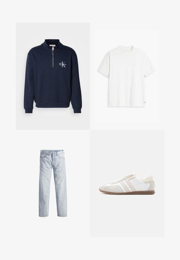 Námornícky modrá mikina na zips vyrobená z jemnej látky, s vysokým golierom, ribovanými manžetami a logom na hrudi v kontrastných farbách.; Biele bavlnené tričko s krátkymi rukávmi, okrúhlym výstrihom a jemne svetlým logom "Levi's" potlačeným na prednej strane.; Svetlo modré džíny z denimu so strihom rovného nohavice, so zapínaním na gombíky, piatimi vreckami a jemným efektom blednutia. Obsahuje kovové prvky.; Nízky biely a béžový tenisky s semišovými akcentmi, so šnurovaním a hnedej gumovej podrážke, zobrazené z bočného pohľadu na jednoduchom pozadí.