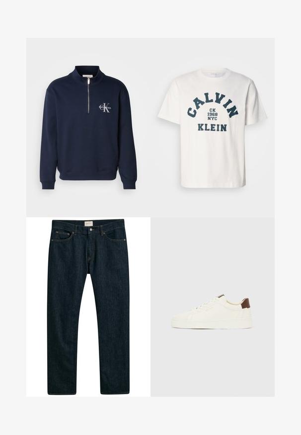 Navyblauwe, rits-up sweatshirt gemaakt van zachte stof, met een hoge kraag, ribbelmanchetten en een logo op de borst in contrasterende kleuren.; Witte katoenen t-shirt met marineblauwe tekst, waarop staat "CALVIN KLEIN CK 1968 NYC," in een vet, gebogen lettertype. Klassieke ronde hals.; Donkerblauwe denim jeans met een recht model, vijf zakken en contrasterende stiksels op de naden. Gladde stofstructuur.; Witte lage sneaker met crèmekleurige veters, een bruine hielstreep en een gouden "GANT"-logo aan de zijkant, in profiel weergegeven tegen een effen achtergrond.