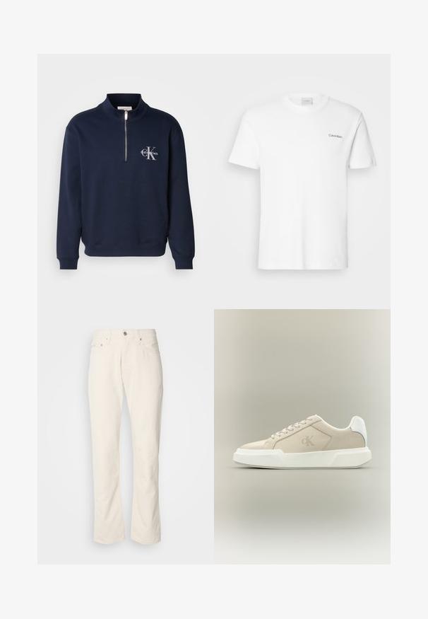 Navyblaues, Reißverschluss-Sweatshirt aus weichem Stoff, mit hohem Kragen, gerippten Bündchen und einem Logo auf der Brust in kontrastierenden Farben.; Weißes Baumwoll-T-Shirt mit kurzen Ärmeln und Rundhalsausschnitt. Mit einem kleinen schwarzen "Calvin Klein"-Logo auf der linken Brust.; Beige Baumwolljeans mit klassischem geradem Bein, ausgestattet mit einem Frontknopfverschluss, fünf Taschen und dezenten Nähdetails.; Beiger Low-Top-Sneaker mit dicker weißer Sohle, Schnürsenkeln, weißer Fersenschlaufe und dezentem CK-Logo auf dem Seitenpanel.