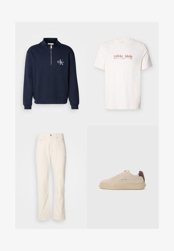 Námornícky modrá mikina na zips vyrobená z jemnej látky, s vysokým golierom, ribovanými manžetami a logom na hrudi v kontrastných farbách.; Biele bavlnené tričko s červeným nápisom "calvin klein new york city." Krátke rukávy a okrúhly výstrih.; Béžové bavlnené džínsy s klasickým strihom rovného nohu, so zapínaním na prednom tlačidle, piatimi vreckami a jemnými detailmi v šití.; Bežové semišové tenisky s okrúhlou špičkou, šnúrkovým uzatváraním vpredu a hnedým semišovým akcentom na podpätku. Obsahujú štruktúrovanú gumovú podrážku.