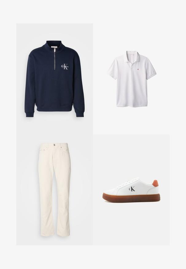 Navyblauwe, rits-up sweatshirt gemaakt van zachte stof, met een hoge kraag, ribbelmanchetten en een logo op de borst in contrasterende kleuren.; Witte poloshirt met korte mouwen, kraag en klein rood "cK" logo op de linkerborst.; Beige katoenen jeans met een klassiek recht model, met een knoopsluiting aan de voorkant, vijf zakken en subtiele stikdetails.; Witte lage sneaker met bruine zool, oranje hieltab, veters en "cK" logo aan de zijkant.