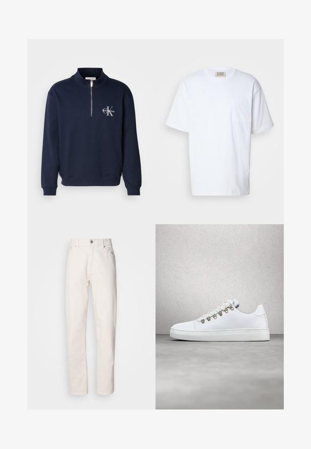 Námornícky modrá mikina na zips vyrobená z jemnej látky, s vysokým golierom, ribovanými manžetami a logom na hrudi v kontrastných farbách.; Biely tričko s krátkym rukávom vyrobené z bavlny. Obsahuje náprsné vrecko a jemný šev na vrecku. Okrúhly výstrih.; Rovné biele džínsy z denimu s gombíkovým a zipsovým zapínaním, pútka na opasok a predné a zadné vrecká, zobrazené na jednoduchom pozadí.; Biele kožené tenisky s hladkým povrchom, so zlatými kovovými očkami, plochými bielymi šnúrkami a hrubou bielou podrážkou. Minimalistický dizajn.