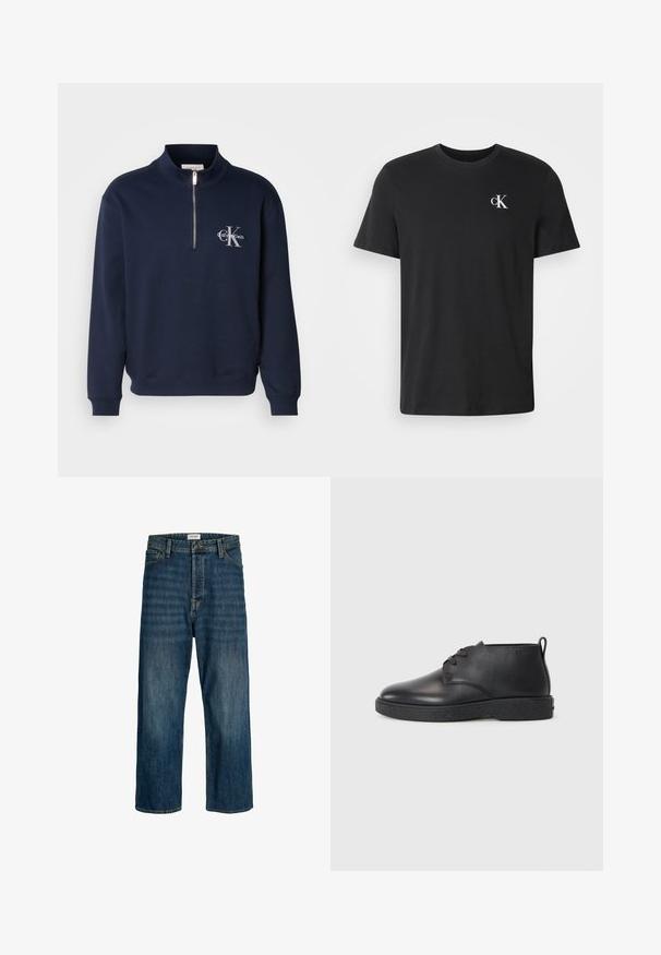 Navyblauwe, rits-up sweatshirt gemaakt van zachte stof, met een hoge kraag, ribbelmanchetten en een logo op de borst in contrasterende kleuren.; Zwart T-shirt met korte mouwen en ronde hals, met een klein wit "cK"-logo op de linkerborst.; Denimjeans in een donkerblauwe wassing met een rechte pijpuitvoering. Kenmerken zijn onder andere een knoopsluiting, riemlussen en stikselaccenten.; Zwarte leren enkelboots met een gladde textuur, ronde neus en zwarte rubberen zool. Voorzien van een vetersluiting en een hielbandje voor eenvoudig aan- en uittrekken.
