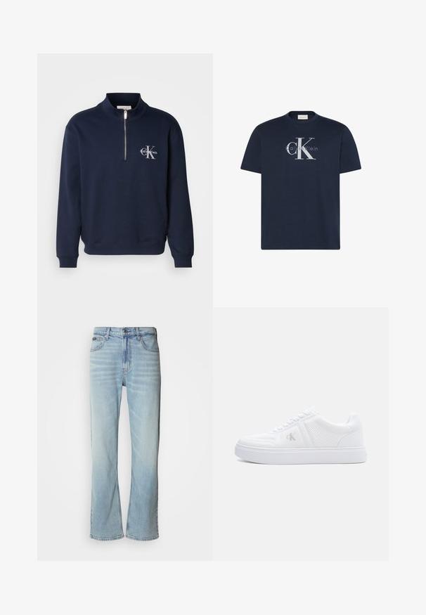 Navyblaues, Reißverschluss-Sweatshirt aus weichem Stoff, mit hohem Kragen, gerippten Bündchen und einem Logo auf der Brust in kontrastierenden Farben.; Marineblaue kurzärmelige T-Shirt mit Calvin Klein-Logo, das große CK-Buchstaben und kleineren Text auf der Brust zeigt.; Hellblaue Jeans aus Denim mit geradem Bein, ausgestattet mit fünf Taschen, einem Knopfverschluss und subtilen Verwaschungen im Stoff.; Weißer Sneaker mit niedrigem Schaft aus strukturiertem Stoff, Schnürverschluss, flacher Sohle und dezentem "cK"-Logo an der Seitenwand.