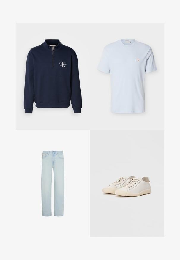Marineblå, hætte-zip-sweatshirt lavet af blødt stof, der har en høj krave, ribbede cuffe og et logo på brystet i kontrastfarver.; Lyseblå kortærmet waffle-strikket t-shirt med rund hals og lille rød "CK" logo på venstre bryst.; Lyseblå denimjeans med lige ben, foran knap- og lynlåslukning, bæltestropper og forlommer.; Hvide sneakers lavet af glat læder med tonede stikninger, snørebåndslukning, rund tå og en tekstureret gummisål.