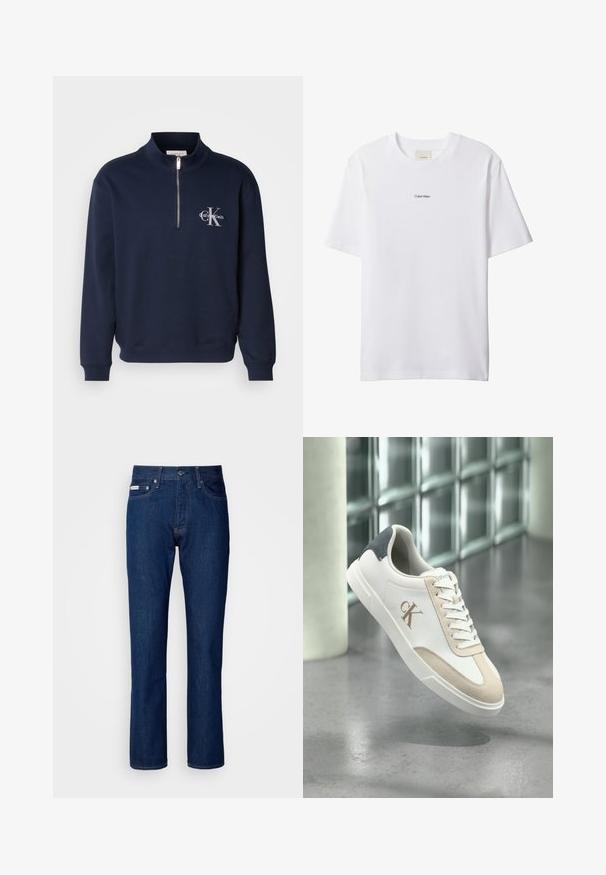 Sudadera de color azul marino con cremallera, hecha de una tela suave, con un cuello alto, puños acanalados y un logo en el pecho en colores contrastantes.; Camiseta blanca de algodón con cuello redondo y mangas cortas. Cuenta con un pequeño logo negro de "Calvin Klein" centrado en el pecho.; Jeans de denim azul oscuro con un diseño de pierna recta, que cuentan con una cremallera y cierre de botón, cinco bolsillos y detalles de costura sutiles.; Zapatilla blanca con detalles en ante beige, parche negro en el talón, cordones y logo "cK" en el lateral, flotando sobre un suelo gris pulido.