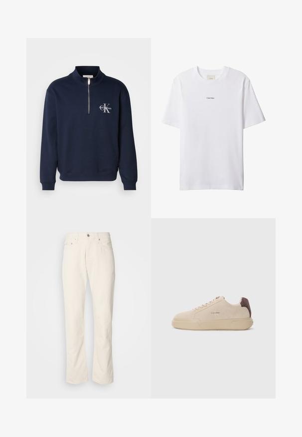 Navyblaues, Reißverschluss-Sweatshirt aus weichem Stoff, mit hohem Kragen, gerippten Bündchen und einem Logo auf der Brust in kontrastierenden Farben.; Weißes Baumwoll-T-Shirt mit Rundhalsausschnitt und kurzen Ärmeln. Auf der Brust zentriert befindet sich ein kleines schwarzes "Calvin Klein"-Logo.; Beige Baumwolljeans mit klassischem geradem Bein, ausgestattet mit einem Frontknopfverschluss, fünf Taschen und dezenten Nähdetails.; Beige Wildleder-Sneaker mit runder Spitze, Schnürung vorne und einem braunen Wildlederakzent an der Ferse. Verfügt über eine strukturierte Gummisohle.