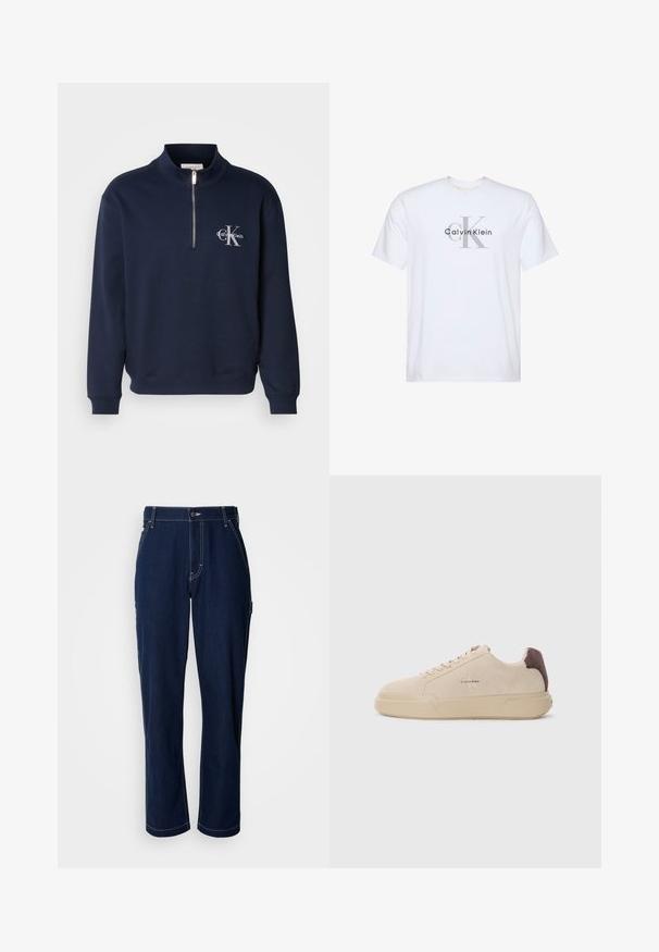 Námornícky modrá mikina na zips vyrobená z jemnej látky, s vysokým golierom, ribovanými manžetami a logom na hrudi v kontrastných farbách.; Biele tričko s krátkym rukávom so sivým logom "ck" a čiernym textom "Calvin Klein" potlačeným na prednom strede.; Tmavomodré riflové nohavice so strihom na rovno, zosilnenými švami a bočnými vreckami. Majú zapínanie na gombík a jemnú textúru.; Bežové semišové tenisky s okrúhlou špičkou, šnúrkovým uzatváraním vpredu a hnedým semišovým akcentom na podpätku. Obsahujú štruktúrovanú gumovú podrážku.