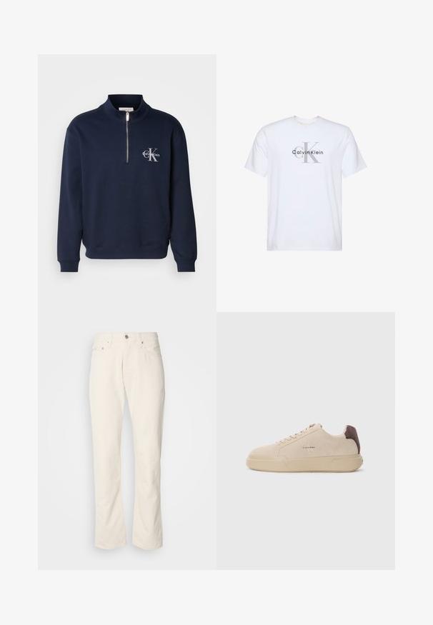 Námornícky modrá mikina na zips vyrobená z jemnej látky, s vysokým golierom, ribovanými manžetami a logom na hrudi v kontrastných farbách.; Biele tričko s krátkym rukávom so sivým logom "ck" a čiernym textom "Calvin Klein" potlačeným na prednom strede.; Béžové bavlnené džínsy s klasickým strihom rovného nohu, so zapínaním na prednom tlačidle, piatimi vreckami a jemnými detailmi v šití.; Bežové semišové tenisky s okrúhlou špičkou, šnúrkovým uzatváraním vpredu a hnedým semišovým akcentom na podpätku. Obsahujú štruktúrovanú gumovú podrážku.