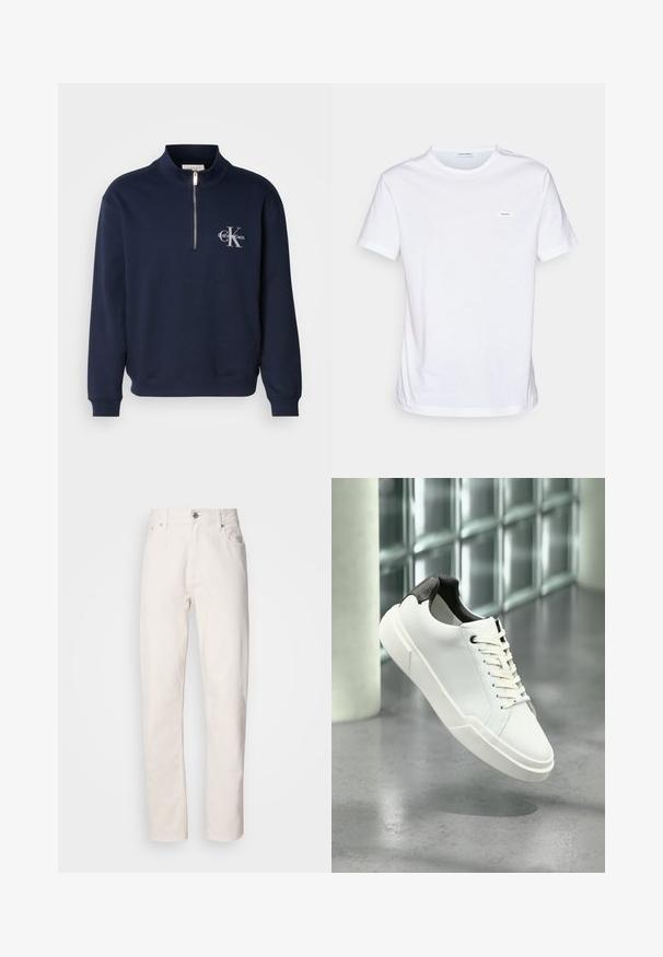 Námornícky modrá mikina na zips vyrobená z jemnej látky, s vysokým golierom, ribovanými manžetami a logom na hrudi v kontrastných farbách.; Biely bavlnený tričko s krátkymi rukávmi, klasickým vykrojením a malou značkovou etikettou na hrudi. Hladká textúra a minimalistický dizajn.; Rovné biele džínsy z denimu s gombíkovým a zipsovým zapínaním, pútka na opasok a predné a zadné vrecká, zobrazené na jednoduchom pozadí.; Biela nízka teniska s čiernou textúrovanou pätkou, bielymi šnúrkami a hrubou podrážkou na leštenej betónovej podlahe pri sklenených blokoch.