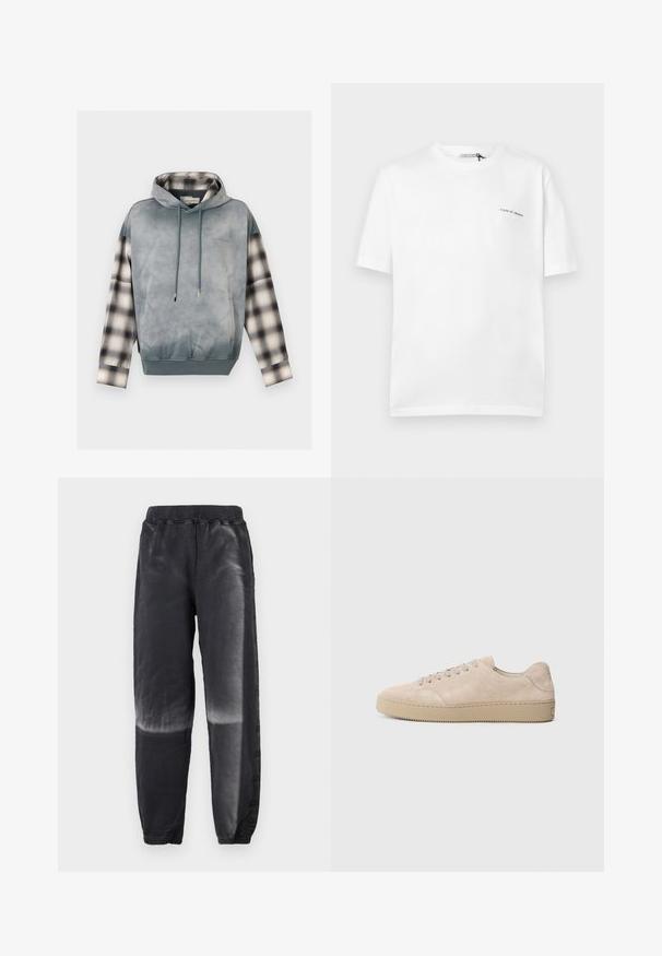 Sweat à capuche avec corps gris charbon, manches longues à carreaux, poche avant et capuche réglable avec cordon.; T-shirt blanc à manches courtes avec col rond, portant un petit logo texte "Tiger of Sweden" sur la poitrine gauche.; Jogging en polaire noire avec taille et poignets élastiques, présentant un effet dégradé estompé du milieu de la cuisse à la cheville sur les deux jambes.; Baskets en daim beige avec un bout rond, des lacets plats et une semelle en caoutchouc texturé. Design minimaliste avec des bords lisses et des coutures discrètes.