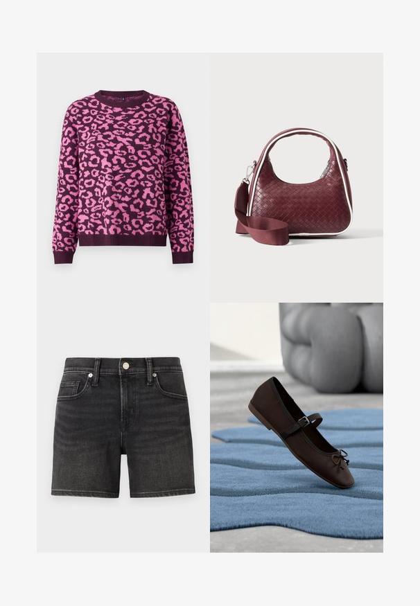 Lilla sweater med et pink leopardprintmønster, rund halsudskæring og ribbede manchetter. Fremstillet af blødt strikket stof med en afslappet pasform.; Sorte denimshorts med et klassisk femlomme-design, der har en frontknaplukning og let falmning for tekstur.; Mørkebrun Mary Jane-flad sko med spænde og sløjfedetalje, der hviler på en bølget blå tekstureret tæppe med grå polstret sofa i baggrunden.; Mørkerød vævet lædertaske med buet hank, hvid kant, sølv lynlås og aftagelig bred stofskulderrem mod en ensfarvet baggrund.