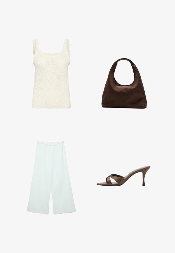 Débardeur en tricot blanc avec décolleté carré, bretelles scallopées et motif zigzag texturé. Conception légère et respirante, coupe décontractée.; Pantalon blanc à jambes larges avec taille élastique et lien de serrage à l'avant, en tissu léger.; Mule marron à bout ouvert avec brides croisées et talon haut fin, présentée sur fond blanc.; Sac à main en toile marron doux de style hobo avec une large sangle unique et une ouverture en haut arrondie, présenté sur un fond blanc.