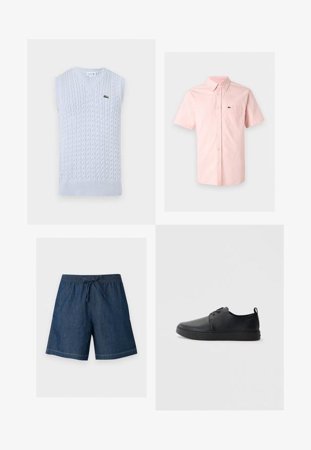 Gilet sans manches en tricot de câble bleu clair avec col en V et petit logo crocodile vert brodé de Lacoste sur la poitrine gauche.; Chemise rose pâle à manches courtes avec col pointu et poche poitrine ornée d'un petit logo crocodile vert.; Short en denim bleu foncé avec taille élastique et cordon de serrage à l'avant, coupe droite et surpiqûres blanches visibles le long de l'ourlet.; Baskets en cuir noir avec une finition lisse, bout arrondi, coutures ton sur ton, devant à lacets et semelle plate en caoutchouc. Anse au talon.