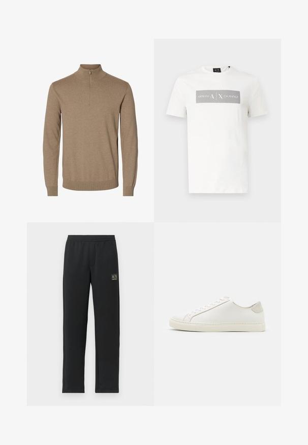 Pull en maille marron à manches longues avec un col montant et une courte fermeture éclair à l'avant, poignets et ourlet côtelés.; T-shirt blanc à manches courtes avec un design rectangulaire à rayures noires et le texte "Armani Exchange" sur la poitrine, col rond et étiquette de la marque noire sur le col.; Pantalons de jogging noirs à jambe droite avec une taille élastique et un logo noir en patch sur le haut de la cuisse gauche.; Baskets en cuir blanc avec une surface lisse, bout rond et design minimaliste. Présentent des accents beiges sur le talon et une semelle en caoutchouc.