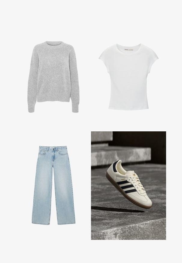Grijze gebreide trui met lange mouwen, ronde hals, geribbelde manchetten en zoom, met een zachte textuur en een relaxte pasvorm.; Witte katoenen T-shirt met korte, opgerolde mouwen, een ronde halslijn en een rechte zoom. Gladde textuur zonder zichtbare patronen of accenten.; Lichtblauwe wijde jeans met voor- en achterzakken, knoop- en ritssluiting, en subtiele strass-steentjes als versiering.; Witte Adidas Samba sneaker met zwarte strepen en gumzool, zwevend boven gestructureerde grijze betonnen treden.