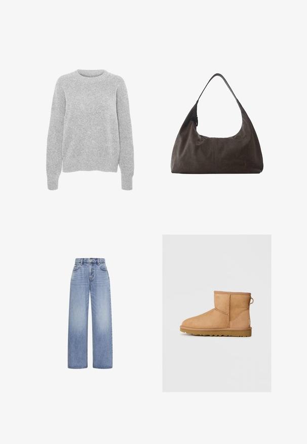 Grijze gebreide trui met lange mouwen, ronde hals, geribbelde manchetten en zoom, met een zachte textuur en een relaxte pasvorm.; Lichtblauwe high-waist wijde jeans met knoop- en ritsluiting aan de voorkant en vijfzakkenontwerp op witte achtergrond.; Tan suède enkellaars met ronde neus, gestikte details, trekhaak aan de achterkant en een gestructureerde rubberen zool. Ontworpen voor comfort en warmte.; Zachte donkerbruine leren hobo-handtas met enkele brede band en subtiele centrale naaddetail tegen een witte achtergrond.