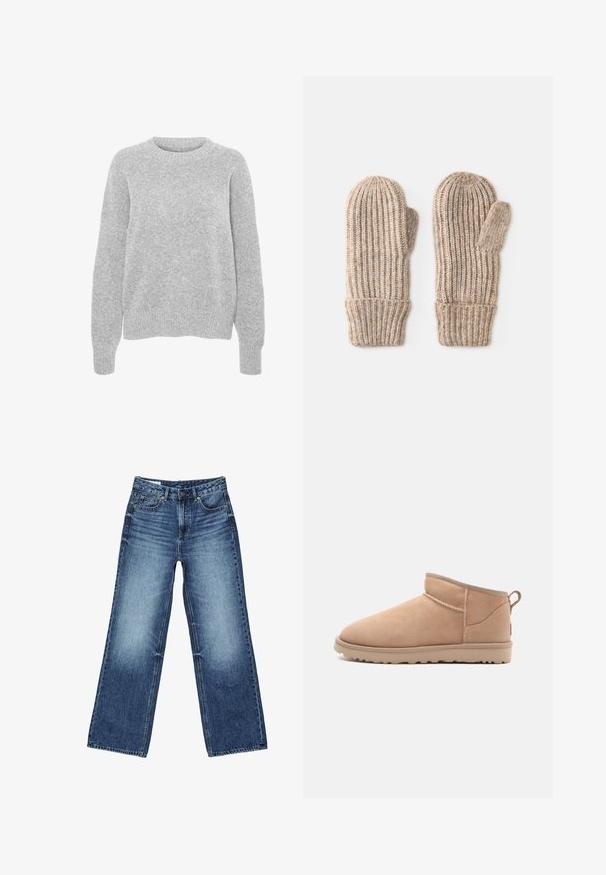 Pull en maille gris avec des manches longues, un col rond, des bords-côtes aux poignets et à l'ourlet, présentant une texture douce et une coupe décontractée.; Jean en denim bleu avec un effet délavé sur les cuisses, coupe droite à jambes larges, fermeture avant avec bouton, fermeture éclair, et style cinq poches.; Botte de cheville en daim beige avec un bout arrondi, une texture douce, un design simple et une semelle en caoutchouc à profil bas. Dispose d'une languette à l'arrière.; Moufles tricotées dans une couleur beige tachetée, présentant une texture côtelée et un design à revers, avec un pouce sur une des moufles.