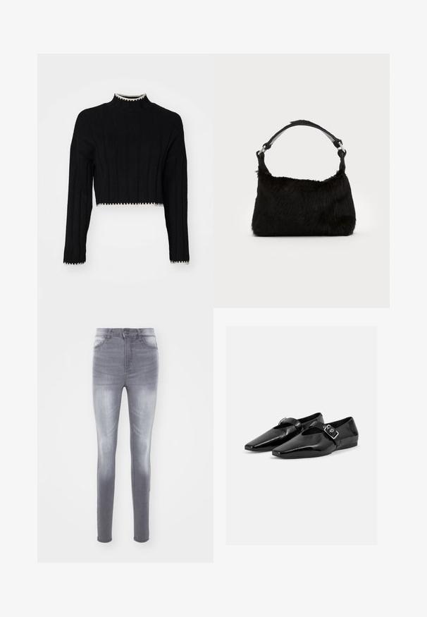 Pull noir court avec texture côtelée, col haut, manches longues et bord en contraste blanc le long de l'ourlet et des poignets.; Jean skinny en denim gris délavé, présentant une taille haute, un design standard à cinq poches et un léger effet de décoloration sur le devant.; Paire de chaussures plates en cuir verni noir à bouts pointus avec une bride à boucle sur le dessus, montrée sur un fond clair uni.; Sac à main en fausse fourrure noire avec une texture douce, une forme arrondie et une bandoulière en cuir noir robuste. Accent en métal argenté visible.