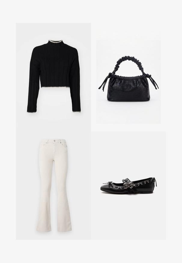 Zwart cropped sweater met ribbelstructuur, hoge hals, lange mouwen en contrasterende witte rand langs de zoom en manchetten.; Beige corduroy flared broek met een hoge taille, voorzien van een metalen knoopsluiting, riemlussen en een zichtbare ribbelstructuur.; Zwarte platte balletschoen met dubbele gespsluitingen, zilveren oogjes en een klein strikje nabij de afgeronde neus op een witte achtergrond.; Zwarte handtas met krokodillenstructuur, geplooide bovenrand, samengevoerde handgreep en koordtassels aan elke kant tegen een witte achtergrond.