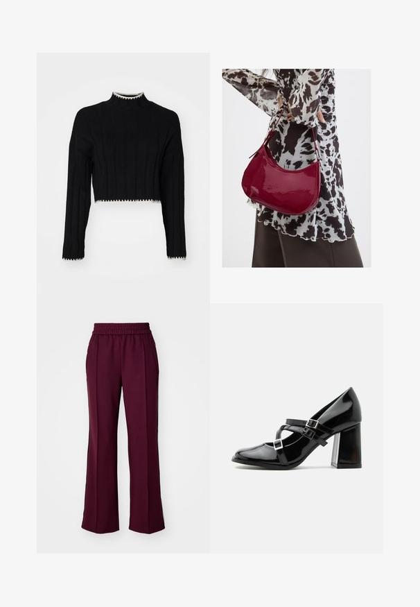 Pull noir court avec texture côtelée, col haut, manches longues et bord en contraste blanc le long de l'ourlet et des poignets.; Pantalons larges bordeaux avec une taille élastique, poches latérales et bandes noires contrastantes sur les côtés. Tissu lisse avec un léger éclat.; Chaussure à talon haut style Mary Jane noire brillante avec trois brides à boucle et un talon bloc épais, vue de profil sur fond blanc.; Femme portant un chemisier à motif noir et blanc tenant un sac à main rouge brillant sur un fond uni.
