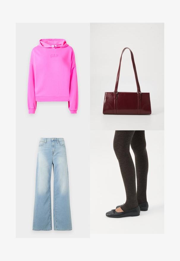 Haut en molleton rose, court, avec une capuche à cordon et un logo GAP discret au centre. Poignets et ourlet côtelés.; Jean large bleu clair à taille haute, avec boutons à l'avant et poches, présenté sur un fond blanc.; Jambes portant des leggings côtelés foncés associés à des ballerines noires avec de petits détails en nœud sur fond blanc.; Sac à main bordeaux en matériau brillant, de forme rectangulaire, avec deux anses et des accents légèrement courbés à l'avant.