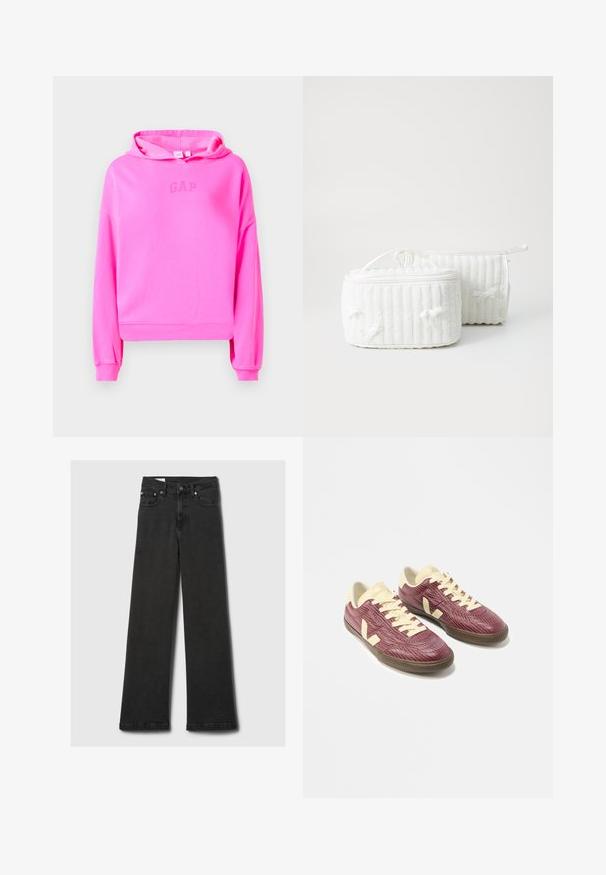 Rosa, kurze Kapuzenjacke aus weichem Stoff, mit einer Kordelzugkapuze und einem dezenten GAP-Logo in der Mitte. Gerippte Bündchen und Saum.; Schwarz-hochgeschnittene gerade Jeans mit fünf Taschen und kupferfarbenen Nieten, flach auf einem hellgrauen Hintergrund ausgelegt.; Paar flacher Sneakers mit strukturierten burgunderroten Obermaterialien, cremefarbenen Schnürsenkeln, Zungen und Fersenakzenten sowie braunen Gummisohlen auf weißem Hintergrund.; Zwei weiße textile Kosmetiktaschen, eine rechteckig mit einem Griff oben, mit gerippter Textur und kleinen Schleifen an den Seiten. Die andere ist zylindrisch.