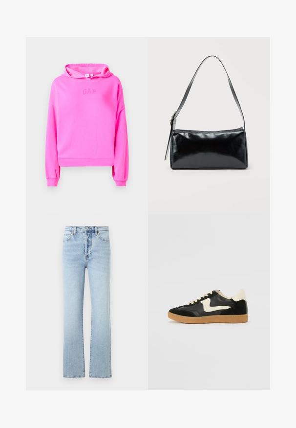 Haut en molleton rose, court, avec une capuche à cordon et un logo GAP discret au centre. Poignets et ourlet côtelés.; Jean en denim bleu clair avec une coupe droite, dotés d'une taille haute, d'un style classique à cinq poches et d'un léger effet délavé.; Baskets en daim et cuir noir avec un swoosh latéral crème et un talon crème clair. Dotées de lacets beige et d'une semelle en caoutchouc gomme.; Sac d'épaule rectangulaire noir avec une sangle réglable unique et une fermeture éclair supérieure sur un fond uni.
