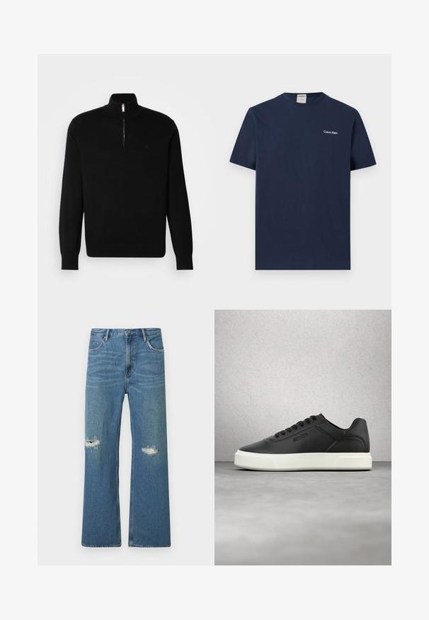 Sort zip-neck sweater lavet af et fint strikstof. Har lange ærmer, en høj krave og et lille logo på brystet.; Marineblå kortærmet crewneck T-shirt med "Calvin Klein" logo på venstre bryst, ensfarvet design uden mønstre eller grafik.; Lyseblå denimjeans med en afslappet pasform, der har slidte knælapper, fem-lomme-design og en lige ben-snit.; Sorte lædersneakers med hvid gummisål, rundet tå og flade snørebånd. Teksturdetaljer på siderne, minimalistisk design.