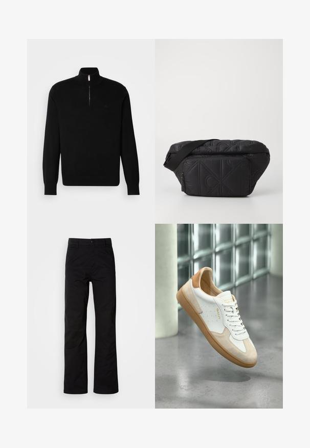 Sort zip-neck sweater lavet af et fint strikstof. Har lange ærmer, en høj krave og et lille logo på brystet.; Sort bomuldsbukser med lige ben, der har knaplukning og bæltestropper. Glat tekstur og minimalistisk stil uden synlige mønstre.; Hvid og beige sneaker med tanfarvet sål og hæl, hvide snørebånd, "GANT"-mærke på siden og tungen, svævende over en poleret betongulv.; Sort quiltet skuldertaske med en lynlåslomme foran, justerbar rem og geometrisk mønster syet ind i stoffet.