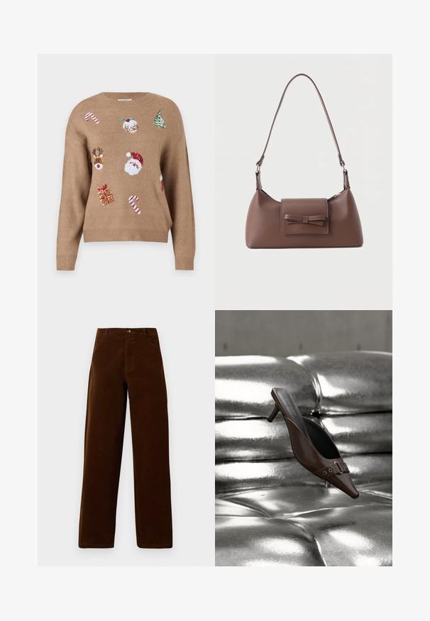 Pull en tricot marron avec des motifs brodés sur le thème de Noël, incluant le Père Noël, des rennes, des cadeaux et des cannes en sucre dans diverses couleurs.; Pantalons droits en velours côtelé marron avec poches devant, passants de ceinture et fermeture à bouton sur fond blanc.; Mule à talon brun à bout pointu avec détail boucle flottant au-dessus d'une surface en cuir argenté capitonnée brillante.; Sac à bandoulière en cuir marron avec une poche à rabat avant ornée d'un détail en forme de nœud cousu et une sangle réglable.