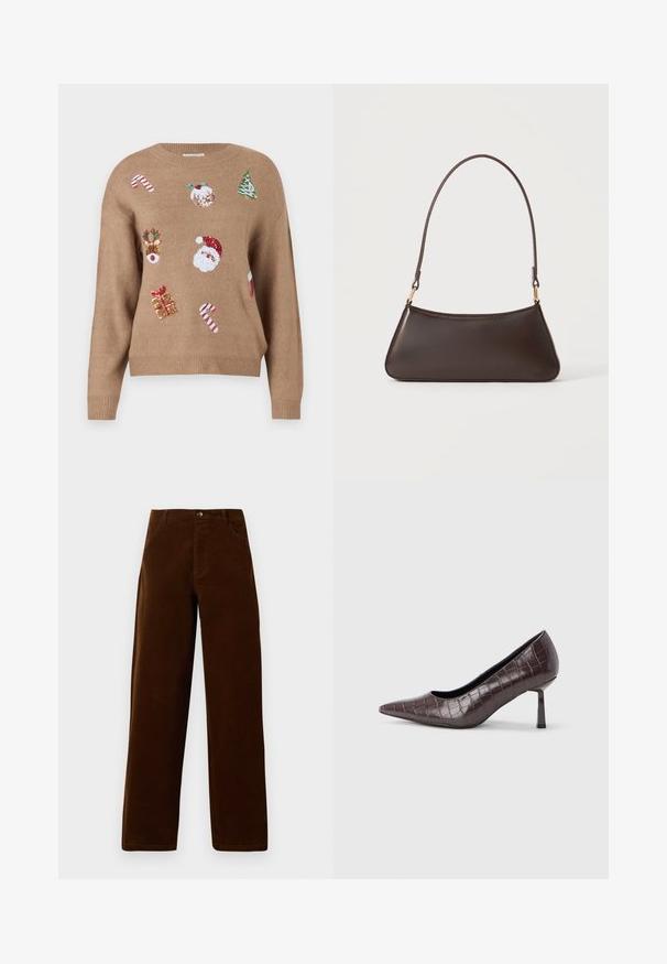Pull en tricot marron avec des motifs brodés sur le thème de Noël, incluant le Père Noël, des rennes, des cadeaux et des cannes en sucre dans diverses couleurs.; Pantalons droits en velours côtelé marron avec poches devant, passants de ceinture et fermeture à bouton sur fond blanc.; Escarpins à bout pointu en similicuir marron avec une texture crocodile, dotés d’un talon fin et angulaire ainsi que d’une doublure intérieure lisse.; Sac à main en cuir marron foncé avec une fermeture éclair incurvée en haut et une fine bandoulière avec des fermoirs dorés sur un fond uni.