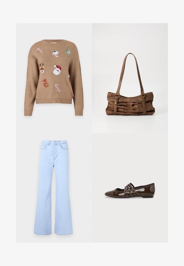 Pull en tricot marron avec des motifs brodés sur le thème de Noël, incluant le Père Noël, des rennes, des cadeaux et des cannes en sucre dans diverses couleurs.; Jean évasé bleu clair taille haute, doté de cinq poches, d'une fermeture à bouton et d'une texture denim lisse. Les bords sont soigneusement cousus.; Chaussure plate en cuir verni marron avec bout pointu et trois brides ajustables à boucle sur le côté, vue du profil extérieur.; Even&Odd Sac à main - brown