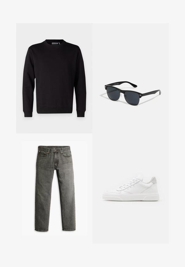 Sweatshirt noir en mélange de coton lisse, avec un col rond, des manches longues et des poignets et un ourlet côtelés. Aucun motif ni accent visible.; Jean en denim gris avec une coupe droite, style classique à cinq poches et des détails de couture subtils sur les coutures et les poches.; Des baskets en cuir blanc avec une finition lisse, un bout rond, des lacets plats et une semelle texturée. Accents en daim gris au niveau du talon.; Lunettes de soleil noires de forme rectangulaire, verres foncés, accents argentés aux tempes et finition mate sur la monture.