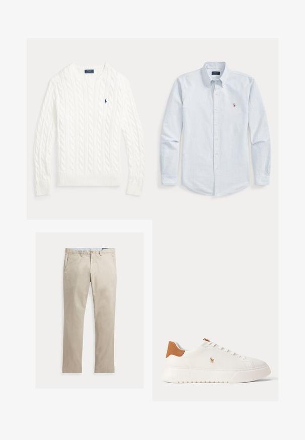 Hvid kabelstrikket crewneck sweater med lange ærmer og lille blå Polo Ralph Lauren-logo på venstre bryst.; Langærmet skjorte med knapper foran med lyseblå og hvide striber, knappet krave og lille broderet logo på brystet.; Beige bomuldsbukser med lige ben, forlommer, bæltestropper, knaplukning og lynlås, lagt fladt på en hvid baggrund.; Hvid lavtop sneaker med tan hælfane, hvide snørebånd og lille broderet polo-spiller logo på siden over en tyk sål.